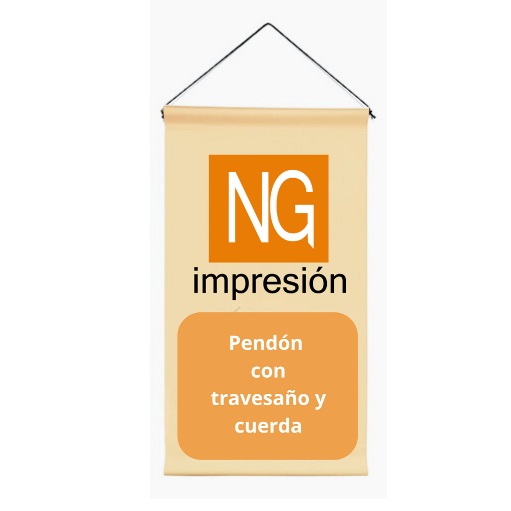 Pendón colgante con travesaño y cuerda impreso en lona PVC, ideal para publicidad en interiores o vitrinas comerciales NG impresión. 