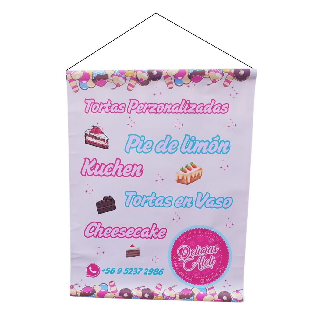 Pendón colgante con travesaño y cuerda impreso en lona PVC ideal para publicidad de interiores o exterior NG impresión 