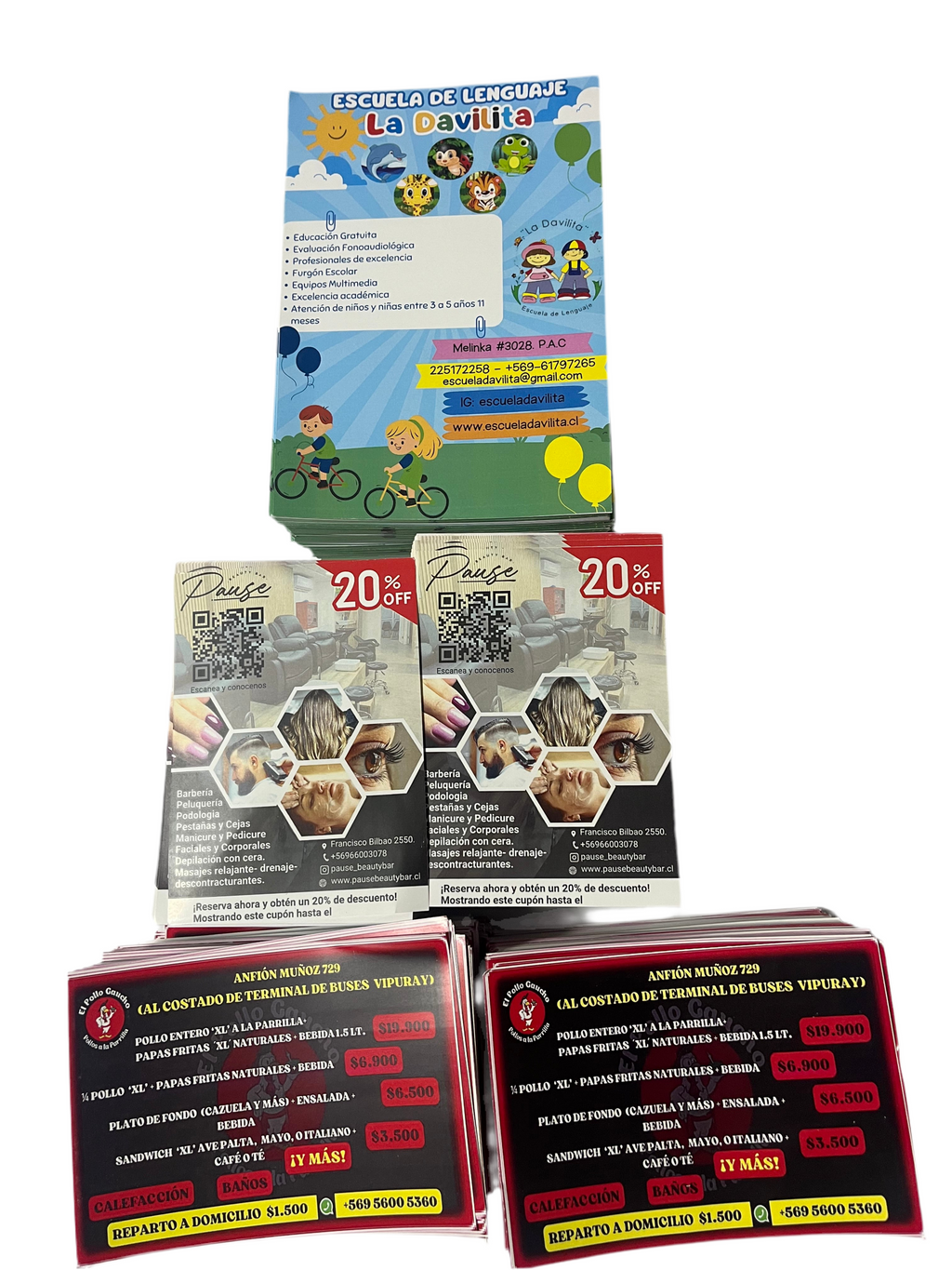 Flyers impresos en papel de 130g, tamaño 10x14 cm y 20x14 cm
