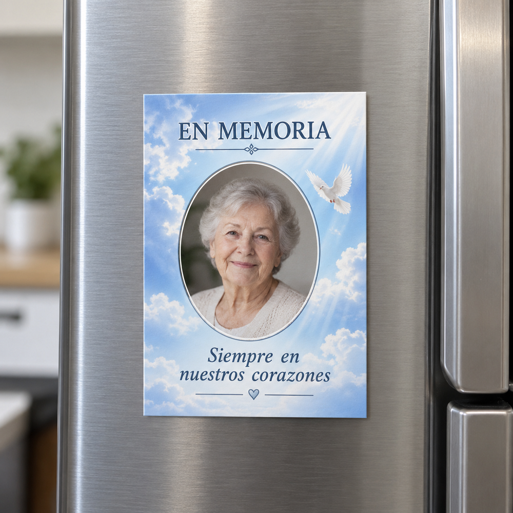 Imán de recuerdo memorial personalizado con fotografía y cielo