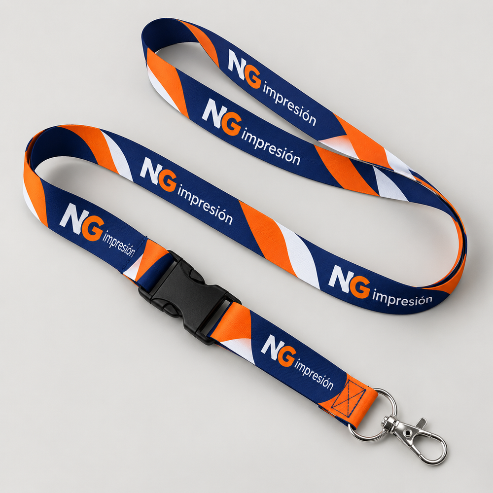 Lanyard personalizado con mosquetón metálico, costura y broche tip-top