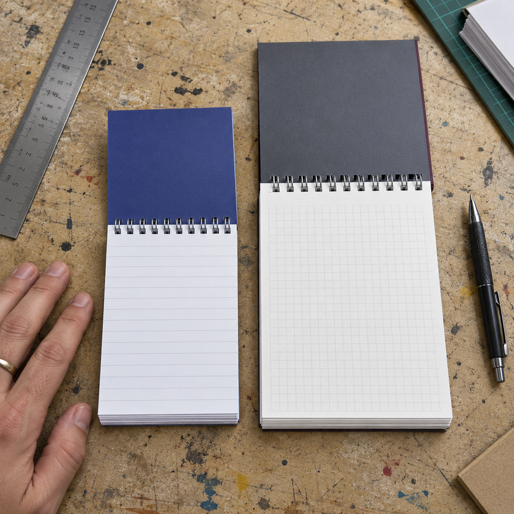 Libretas personalizadas abiertas con anillado superior e interior lineado y cuadriculado