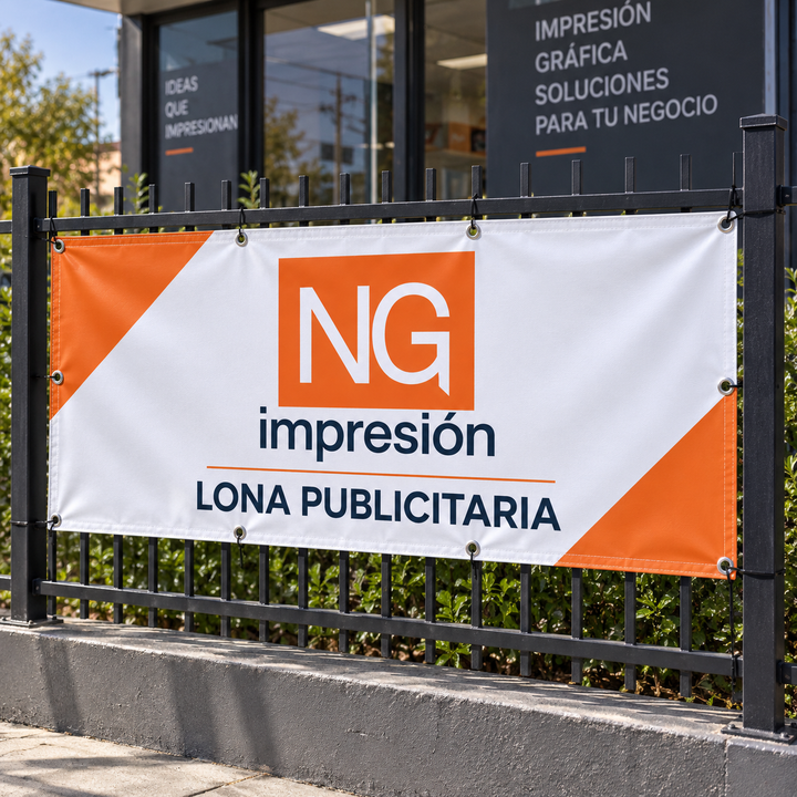 Lona publicitaria impresa NG Impresión instalada con ojetillos y cierre perimetral