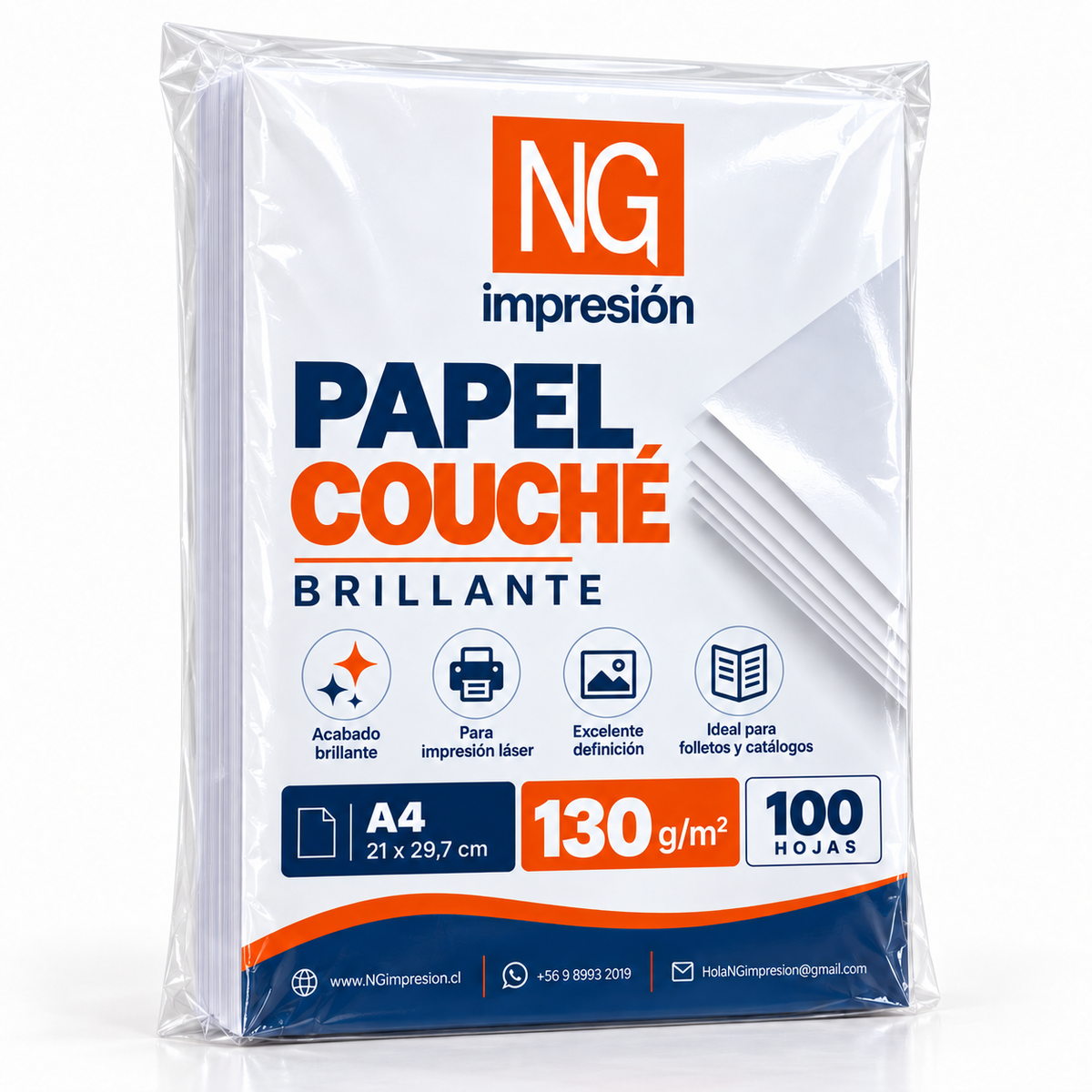 Papel couché brillante 130 g A4, pack de 100 hojas NG Impresión