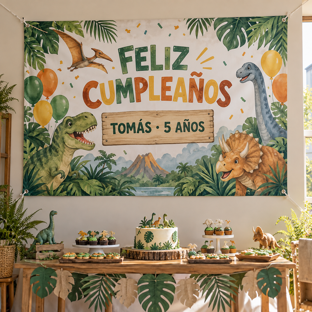 Pendón de cumpleaños personalizado con temática de dinosaurios