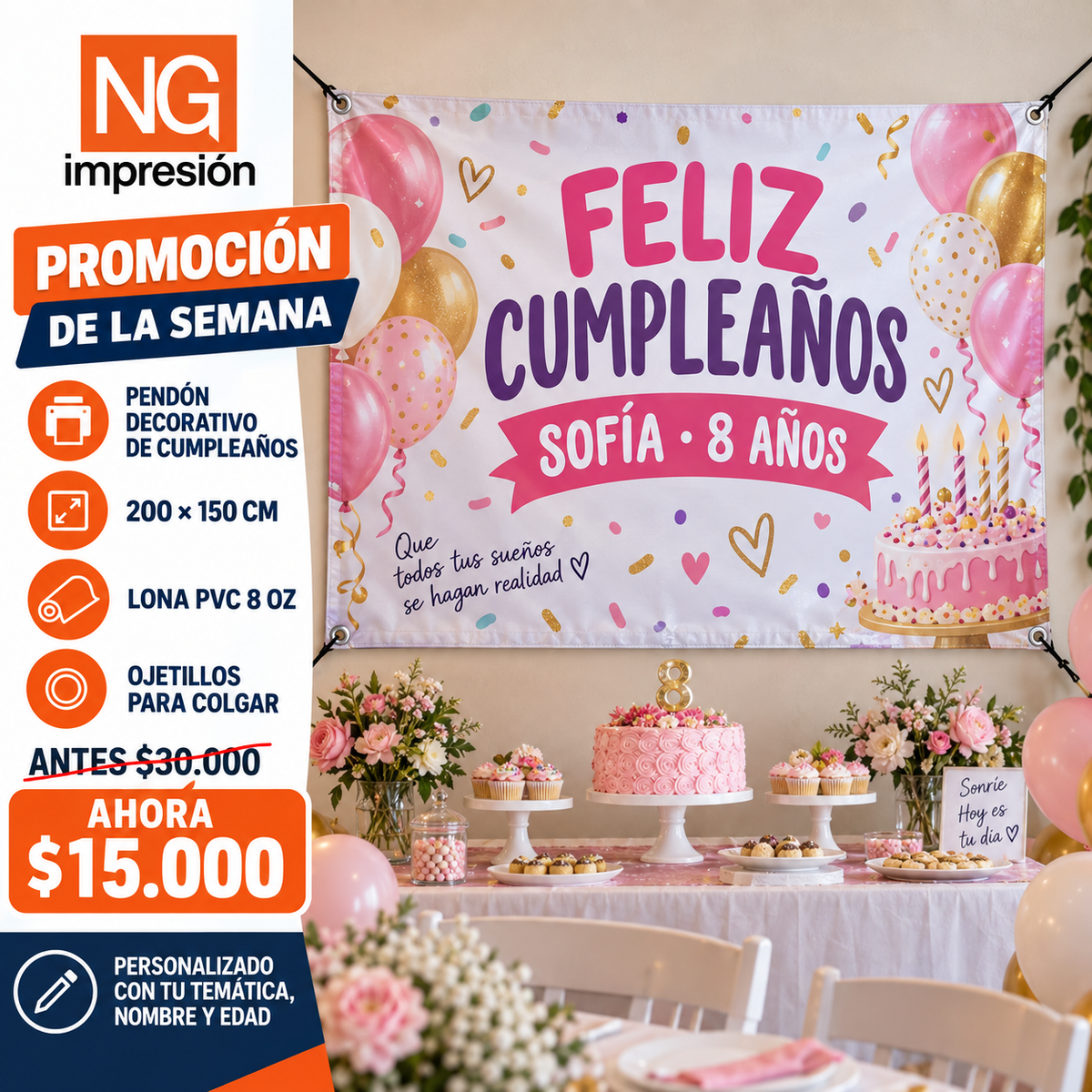 Pendón decorativo de cumpleaños personalizado 200 x 150 cm en oferta